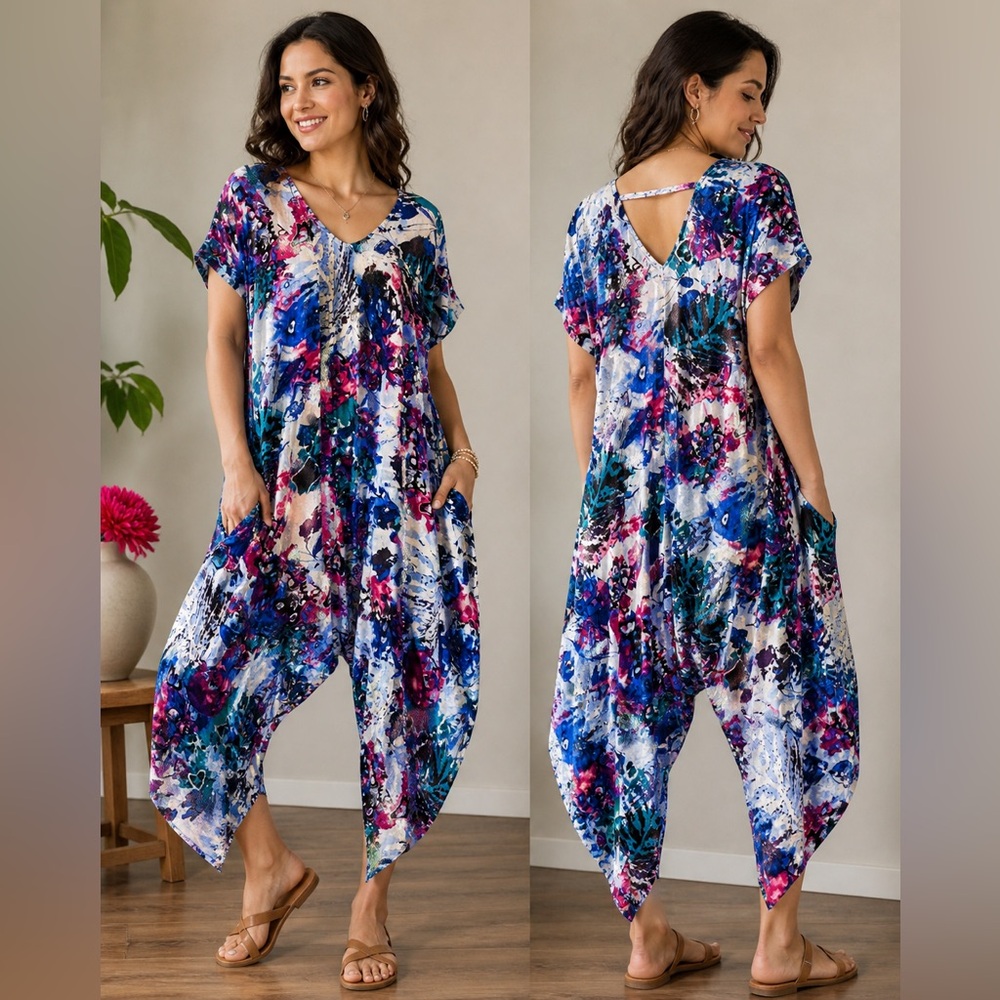 Vibrant Abstract Print Harem Jumpsuit - Blue & Pink